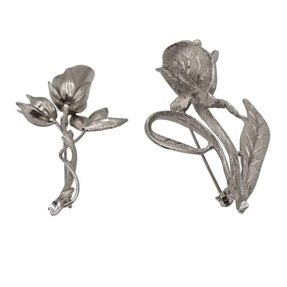 2PC Brooch SilverTone Spring Tulip Lily Floral Lapel Pin Brooch Lot Stmt Elegant